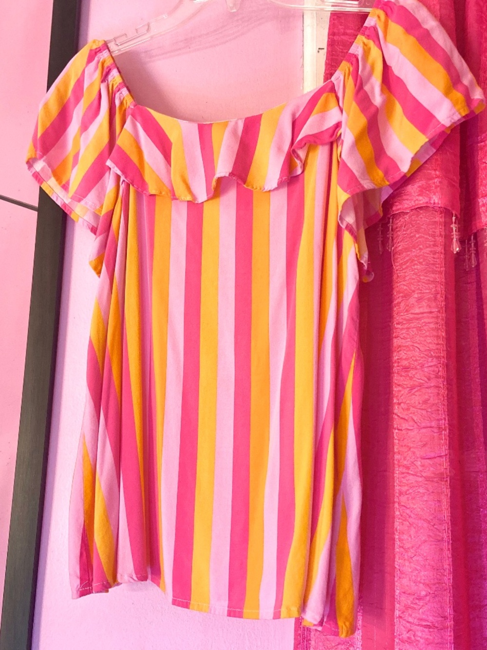 Emily Wonder Barbiecore Pinn Stripes Ruffle Flutter Sleeve Blouse Women Small